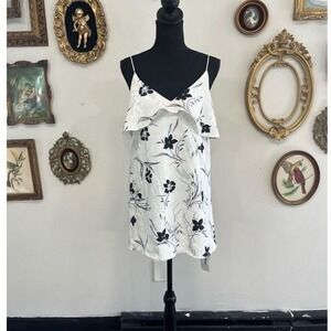 Alice & Olivia Floral Harmon Drapey Ruffle Slip Top White Black Size Small